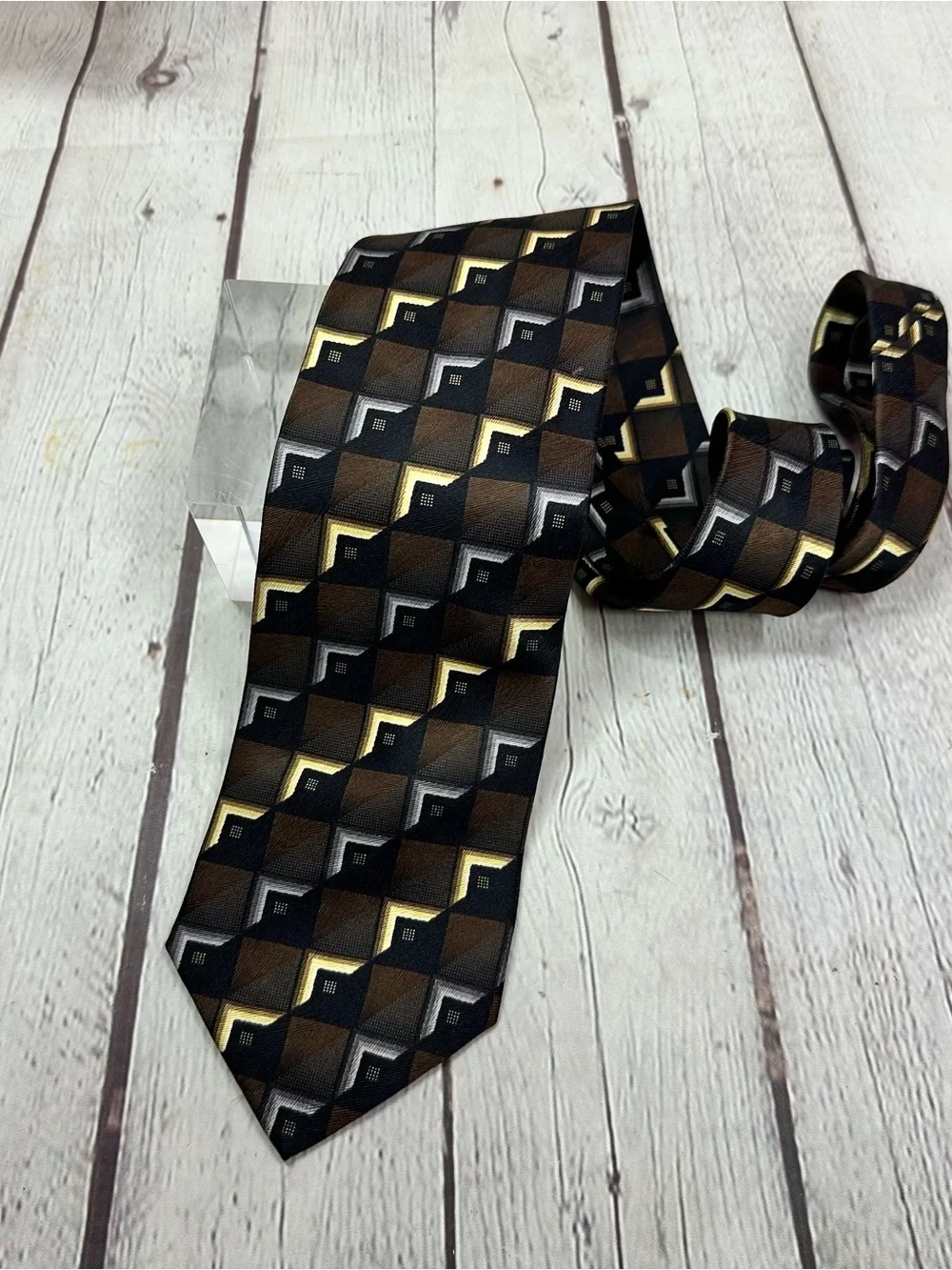 Kilburne & Finch Men's Geometric Brown & Black silk Tie Gold Accents office